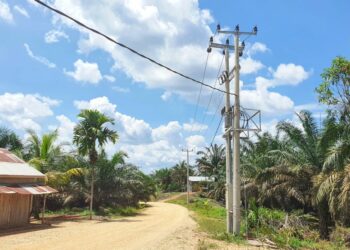 Jaringan tegangan menengah dan tegangan tendah yang di bangun PLN berhasil mengalirkan listrik untuk warga Dusun IV Pauh Ranap, Indragiri Hulu, Riau. (foto: Divcom PLN Pusat/PenaTerkini.com)