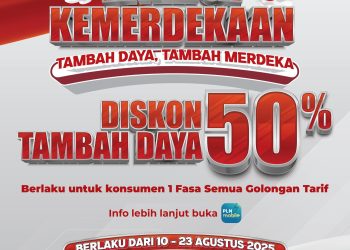 PLN menghadirkan program “Energi Kemerdekaan” dalam rangka HUT ke-80 RI, melalui program ini pelanggan dapat menikmati diskon tambah daya listrik 50% yang berlangsung mulai 10 hingga 23 Agustus 2025. (Divkom PLN Pusat)