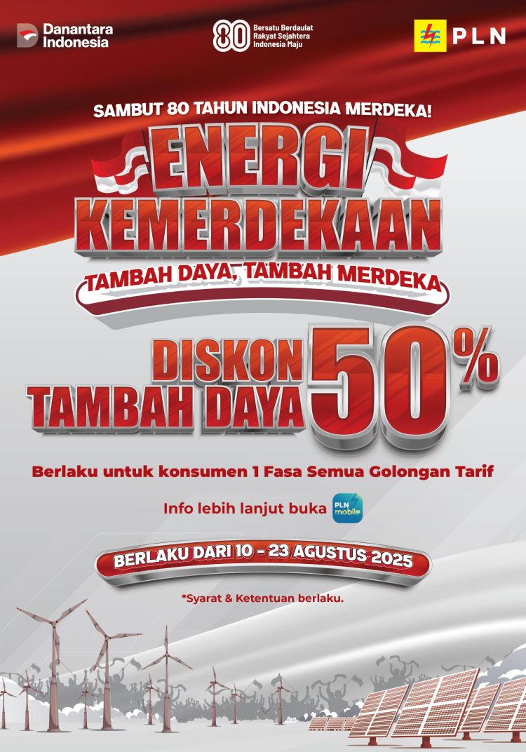 PLN menghadirkan program “Energi Kemerdekaan” dalam rangka HUT ke-80 RI, melalui program ini pelanggan dapat menikmati diskon tambah daya listrik 50% yang berlangsung mulai 10 hingga 23 Agustus 2025. (Divkom PLN Pusat)