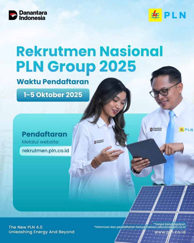 PLN membuka rekrutmen nasional PLN Group yang diperuntukkan bagi pelamar lulusan Diploma 3 (D3), Sarjana/Diploma 4 (S1/D4), dan Magister (S2) yang dibuka sampai dengan 5 Oktober 2025 melalui situs resmi rekrutmen.pln.co.id. (Divkom PLN Pusat)