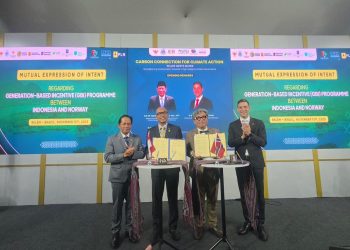 Menteri Lingkungan Hidup/Kepala Badan Pengendalian Lingkungan Hidup Republik Indonesia, Hanif Faisol Nurofiq (kiri) berfoto bersama Menteri Iklim dan Lingkungan Hidup Norwegia, Andreas Bjelland Eriksen (kanan), Direktur Teknologi, Engineering, dan Keberlanjutan PLN, Evy Haryadi (kedua dari kiri), dan Direktur Eksekutif Global Green Growth Institute (GGGI), Sang-Hyup Kim (kedua dari kanan) setelah penandatanganan Mutual Expression of Intent antara PLN dan GGGI di Paviliun Indonesia pada COP30 di Belém, Brasil, pada Kamis (13/11/2025). (Divkom PLN Pusat)