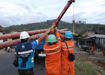 Petugas PLN bahu membahu dalam memobilisasi tiang listrik untuk melakukan pemulihan jaringan akibat bencana. (Divkom PLN Pusat/ PenaTerkini.co.id)