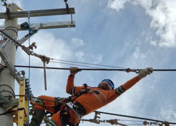 Personel PLN melakukan penarikan kabel Saluran Udara Tegangan Menengah (SUTM) di Panton Labu, Aceh Utara. (Divkom PLN Pusat)
